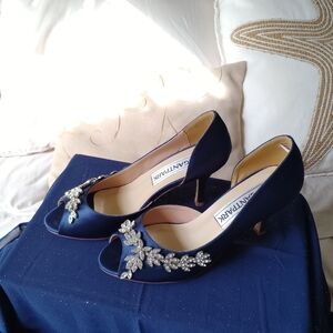 Sophisticated Navy Satin Heels with Embellishments